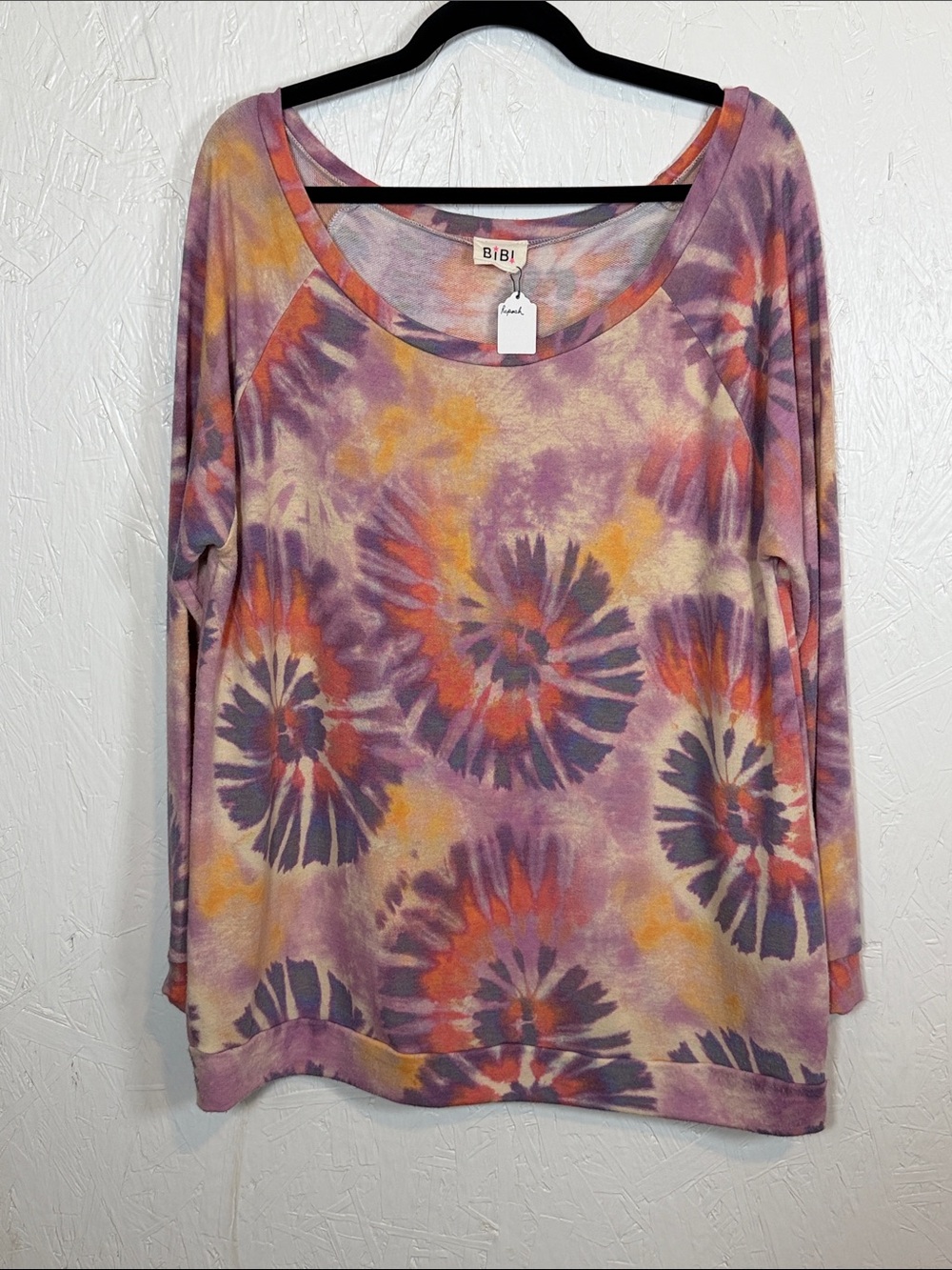 BiBi Purple Tie-Dye Long Sleeve Scoop Neck Top with Orange & Cream Accents